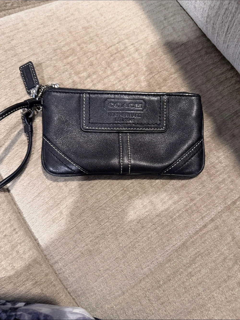 Coach Black Leather Zip Wristlet with Contrast Stitching